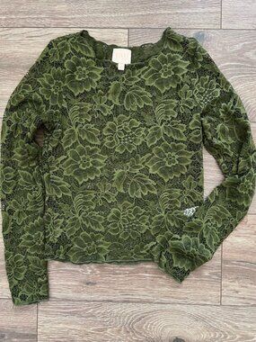 GLG Good Luck Gem Olive Green Long Sleeve Lace Floral Shirt Top Size Small